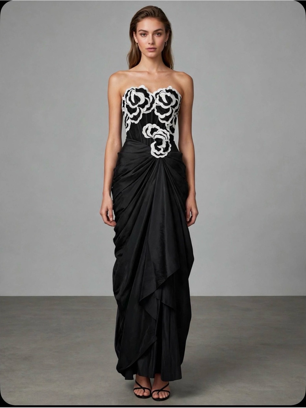 Jovani Black Strapless Gown with White Floral Appliqué